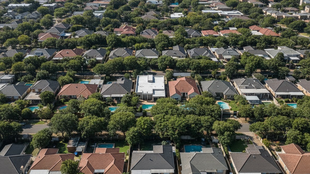 Aerial view over a Cape Town suburban neighbourhood of pitched and flat residential roofs