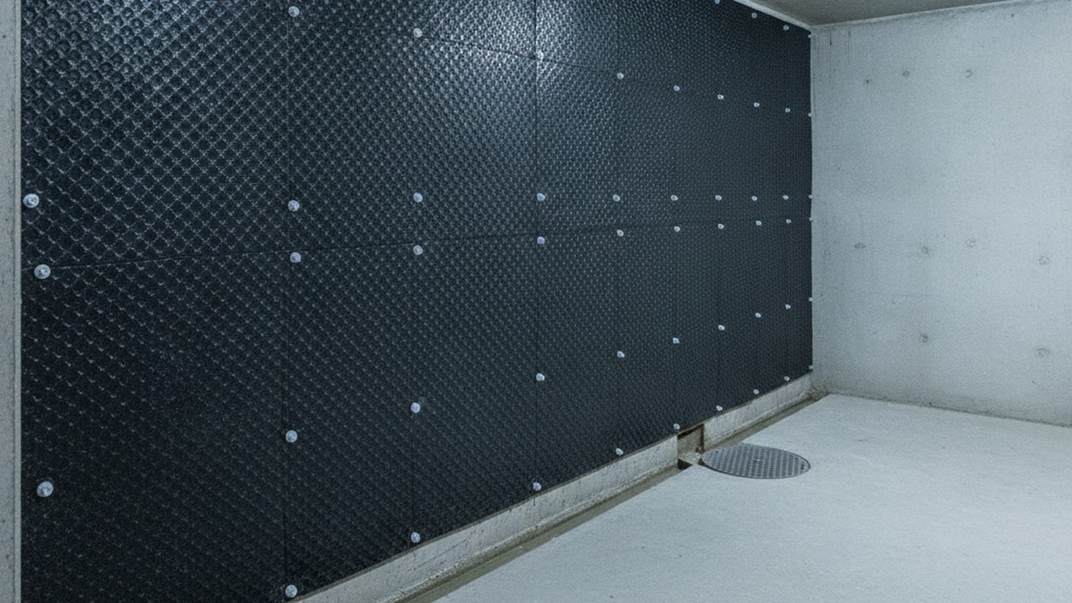 Cavity drain membrane being fixed to a below-ground basement wall with a drainage channel