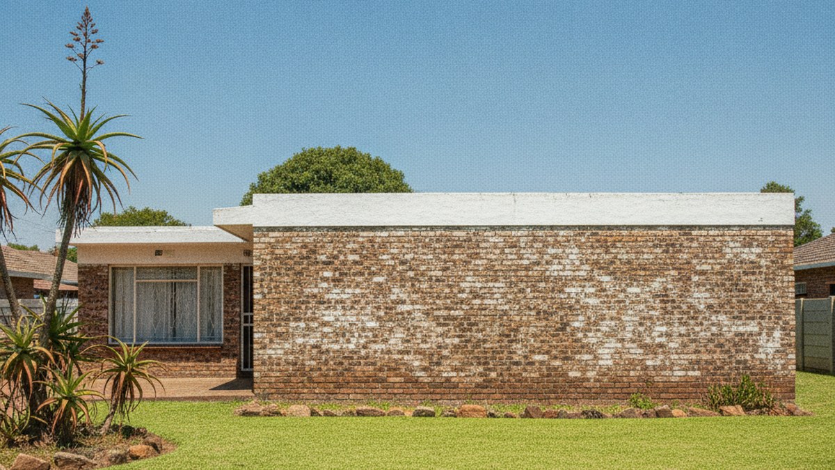 Face-brick Bellville house with a low-pitch concrete roof and eroded mortar joints