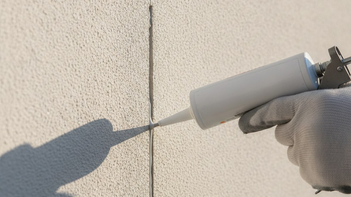 Hairline crack in exterior wall plaster being routed out and sealed with flexible sealant
