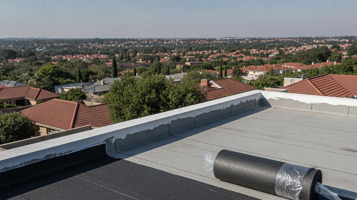 Waterproofing contractor applying a bituminous membrane to a flat concrete roof in Cape Town