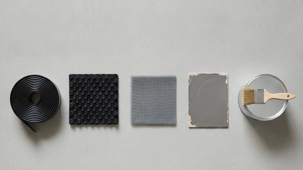 Samples of bituminous membrane, liquid coating and cementitious slurry waterproofing systems